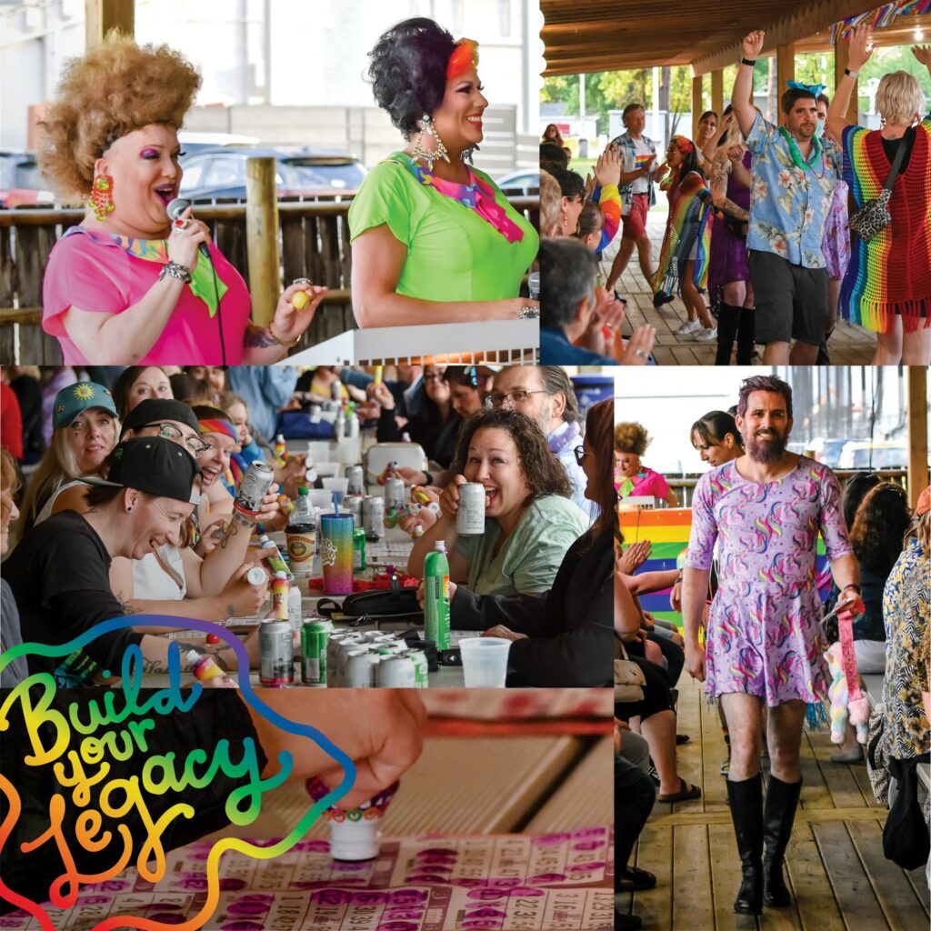 Photo collage of drag bingo callers, costume parade, and folks at tables having fun